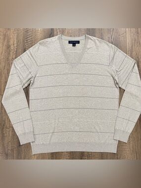 Banana Republic Silk Cashmere‎ V-Neck Sweater Mens L Tan Stripe Soft Luxury